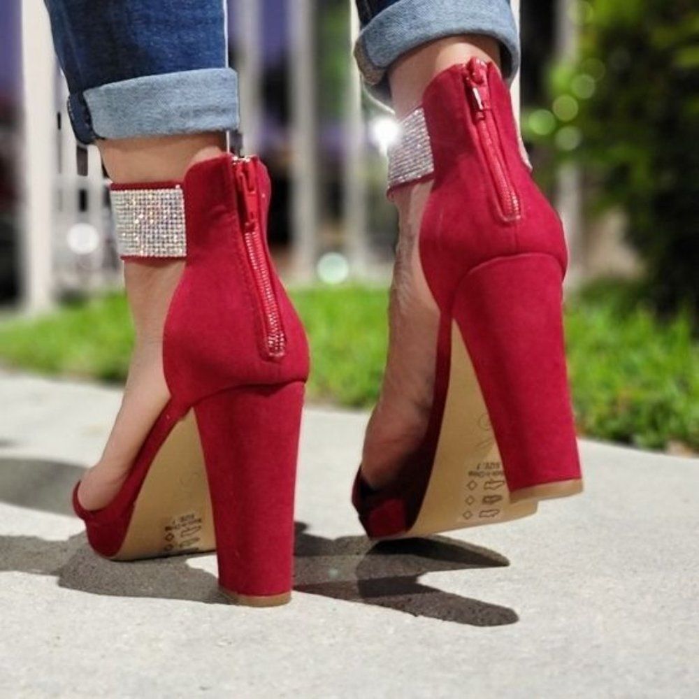 Women's Rhinestone Ankle Band Chunky High Heels Wine Color - Picture 6 of 7